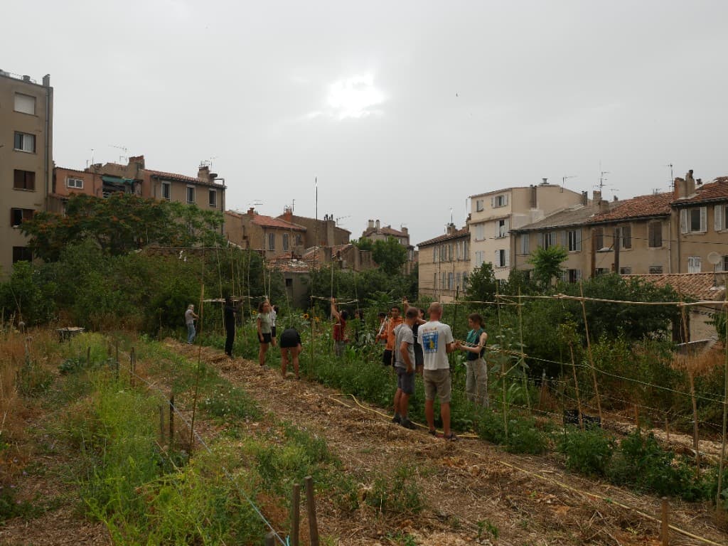 Groupe de personnes travaillant ensemble dans les parcelles du jardin, entouré d'immeubles du quartier.